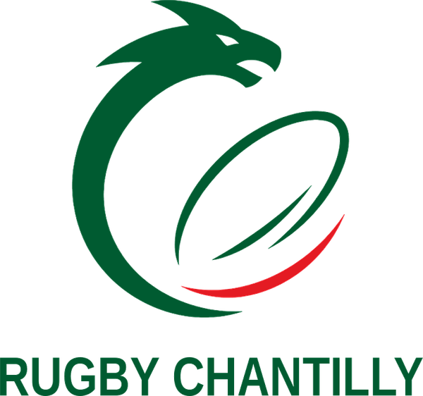 Logo Rugby Chantilly : un dragon vert enroulé autour d'un ballon, trait rouge